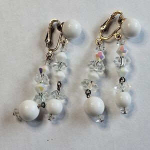 Vintage Marvella Clip-On Dangle Earrings White Lucite & Iridescent Crystal
